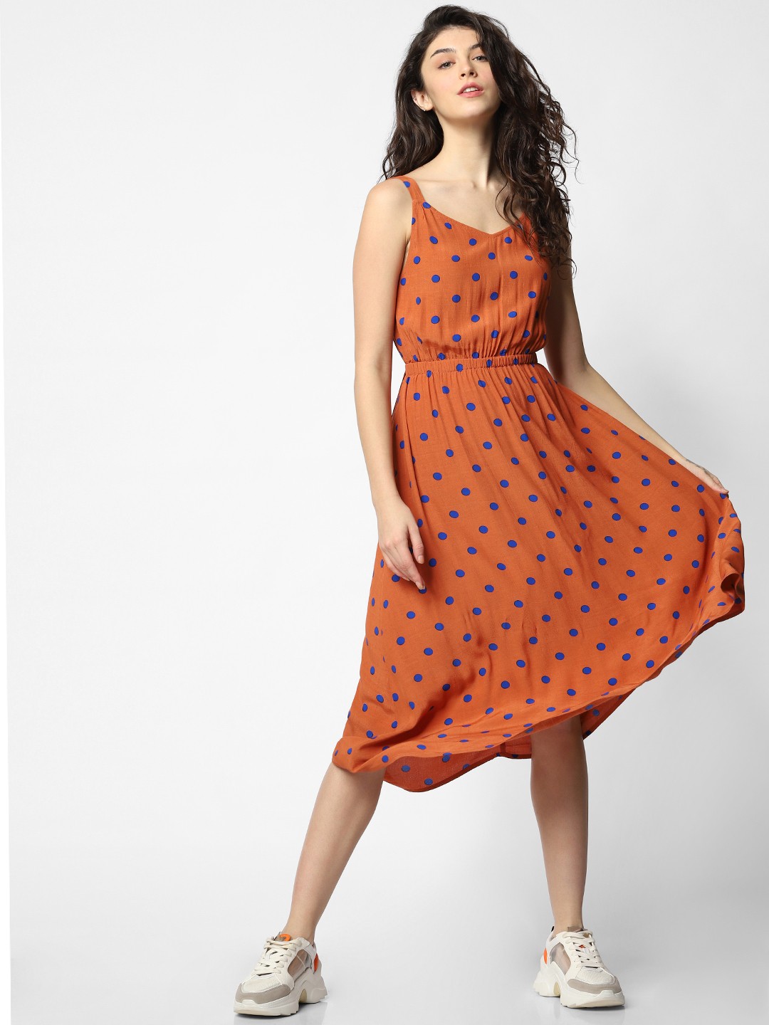 

ONLY Women Rust Brown & Blue Printed Fit and Flare Dress