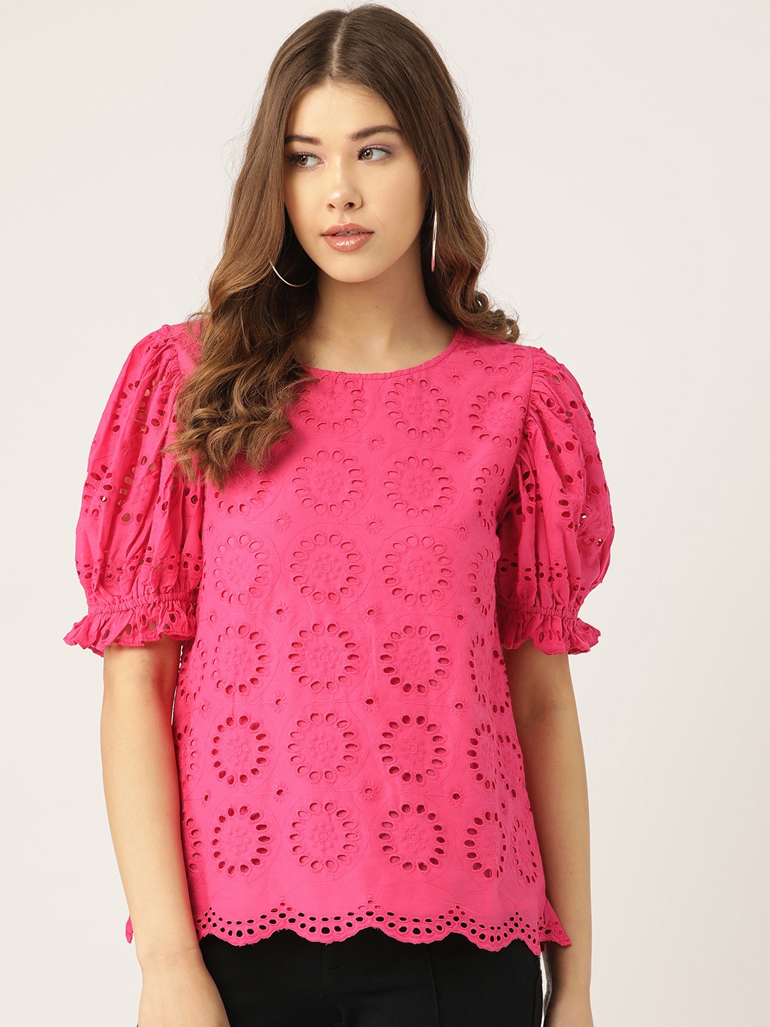 

Antheaa Women Pink Schiffli Embroidered Pure Cotton Top