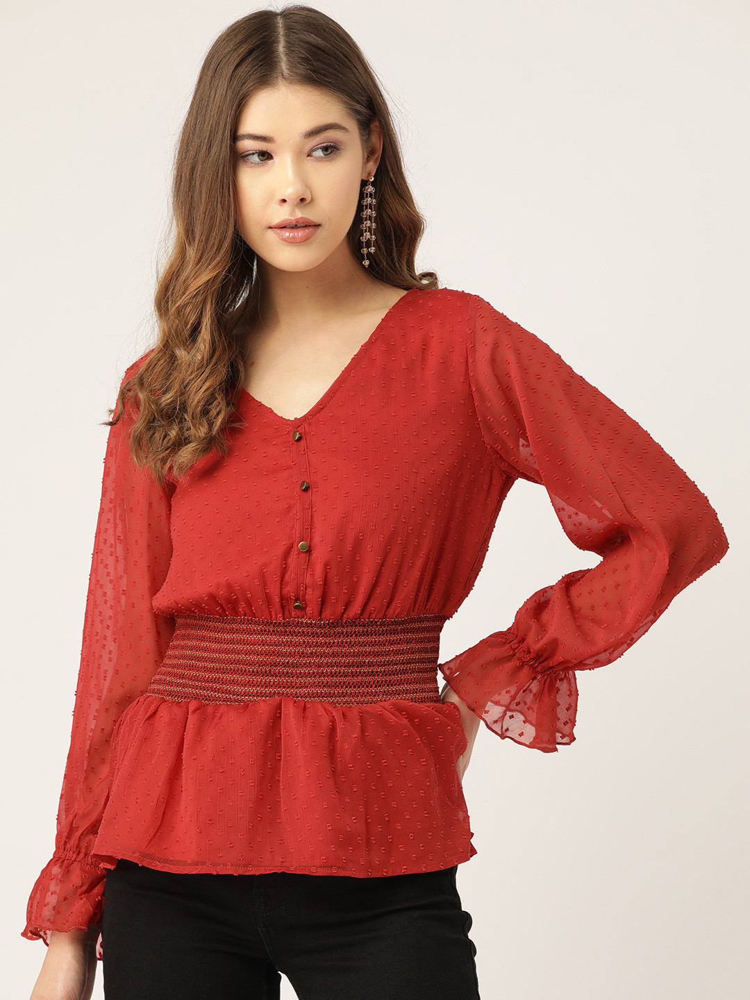 

Antheaa Women Red Self Design Cinched Waist Top