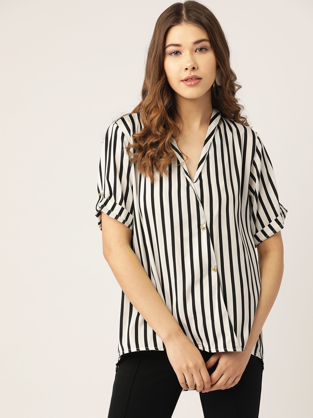 

Antheaa Women White & Black Striped Wrap Top