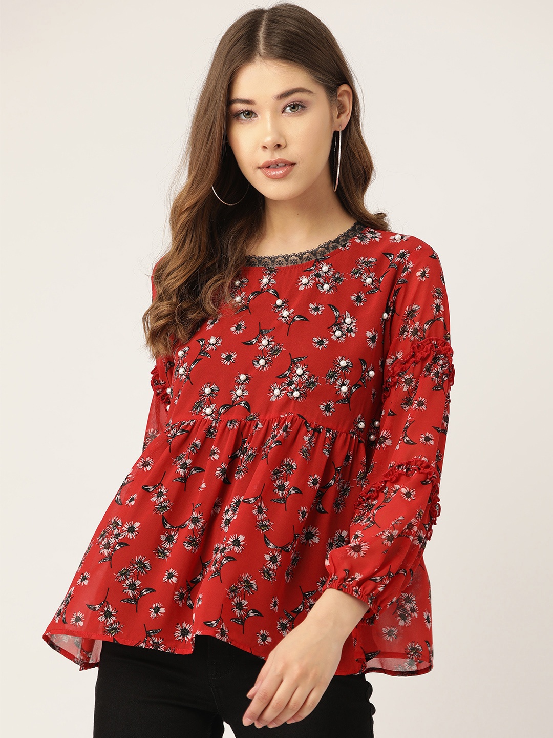

Antheaa Women Red & Black Printed A-Line Top