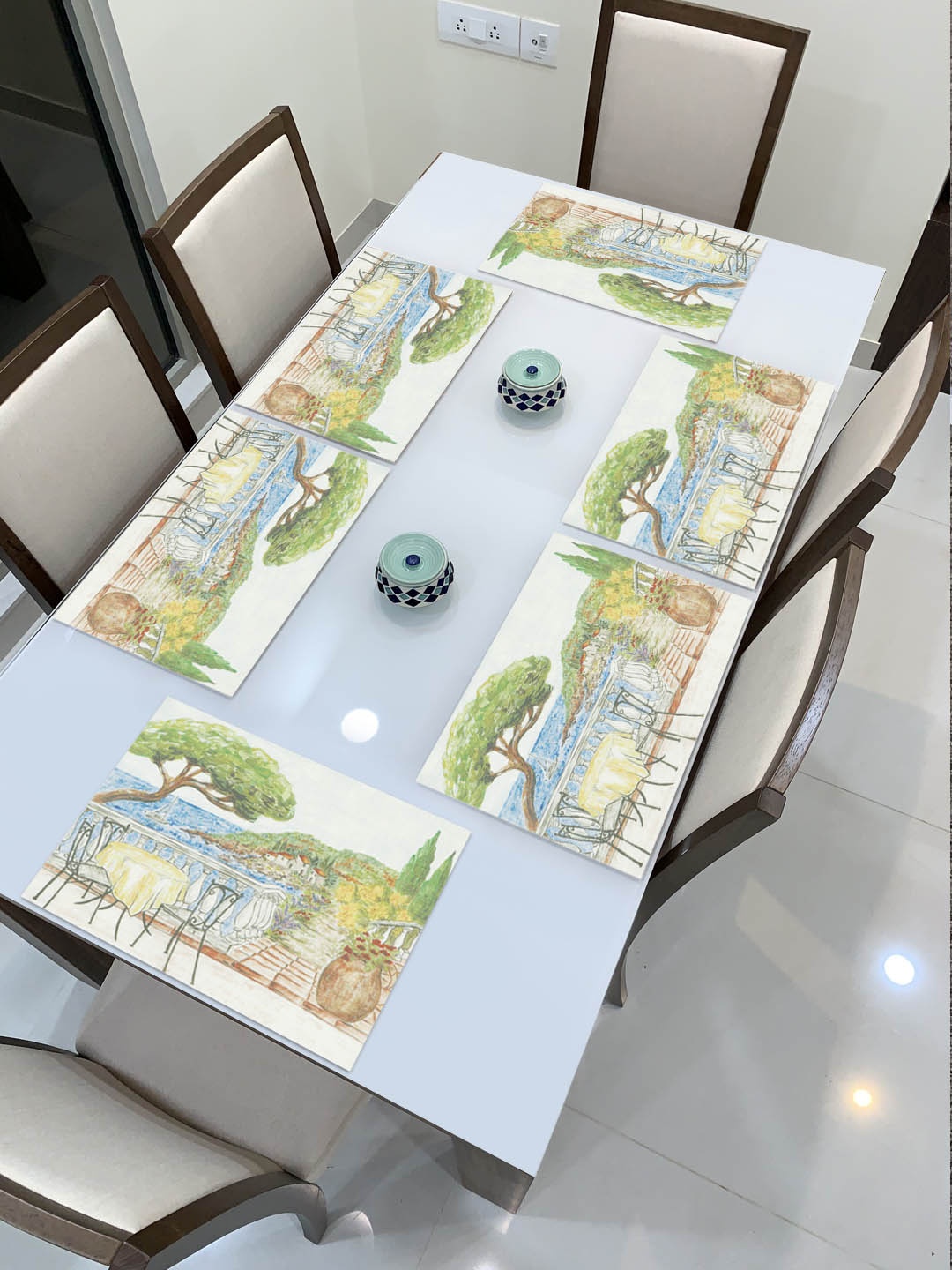 

HOKIPO Set of 6 Green & White Printed Heat Resistant Dinner Table Mats