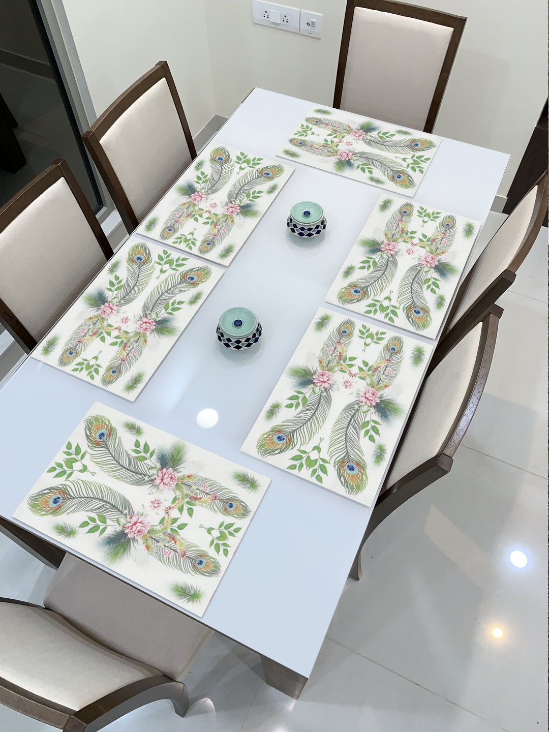 

HOKIPO Set of 6 Off-White & Green Printed Washable Table Mat