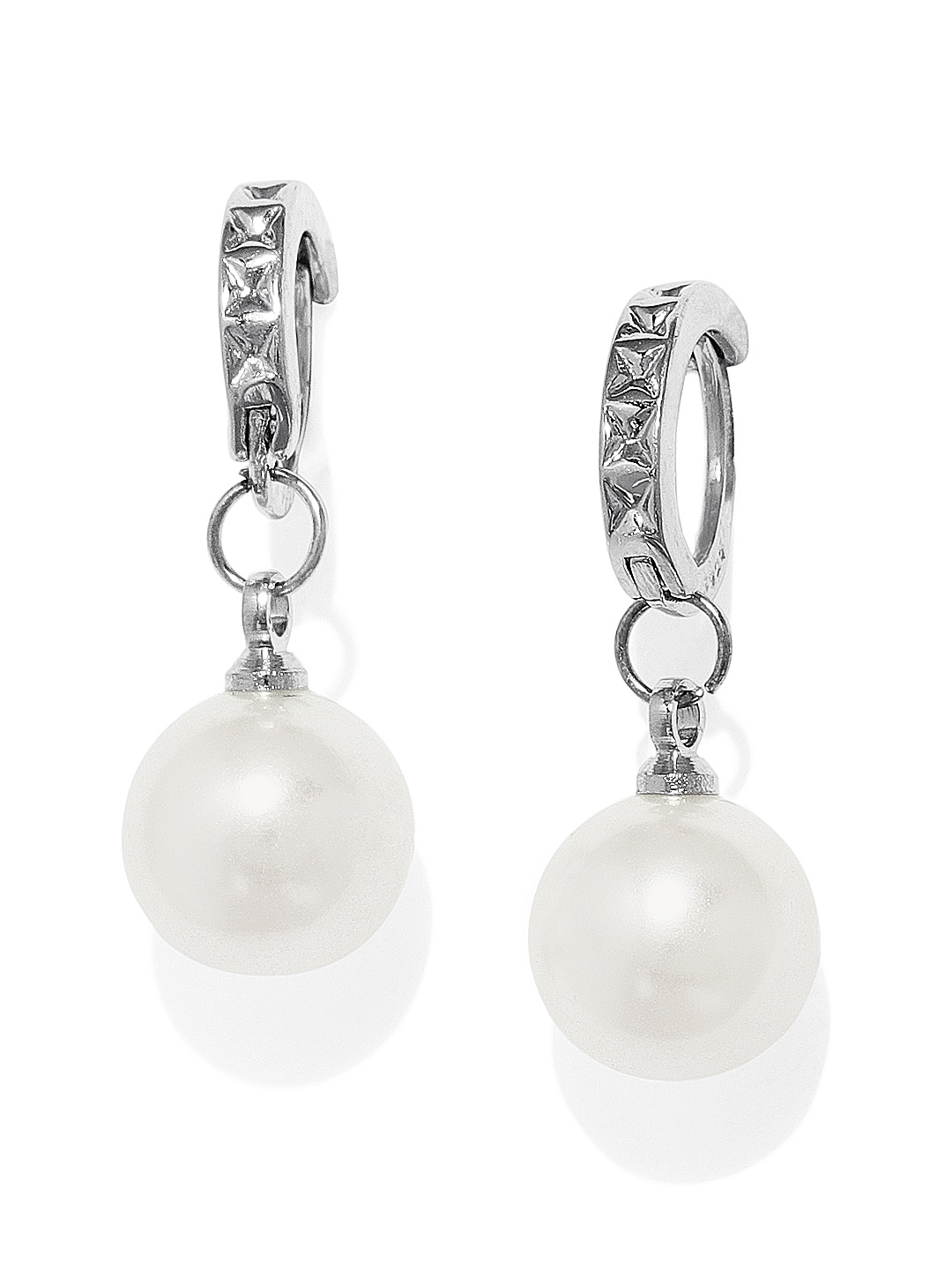 

OOMPH White & Silver-Plated Handcrafted Pearl Studded Circular Drop Earrings