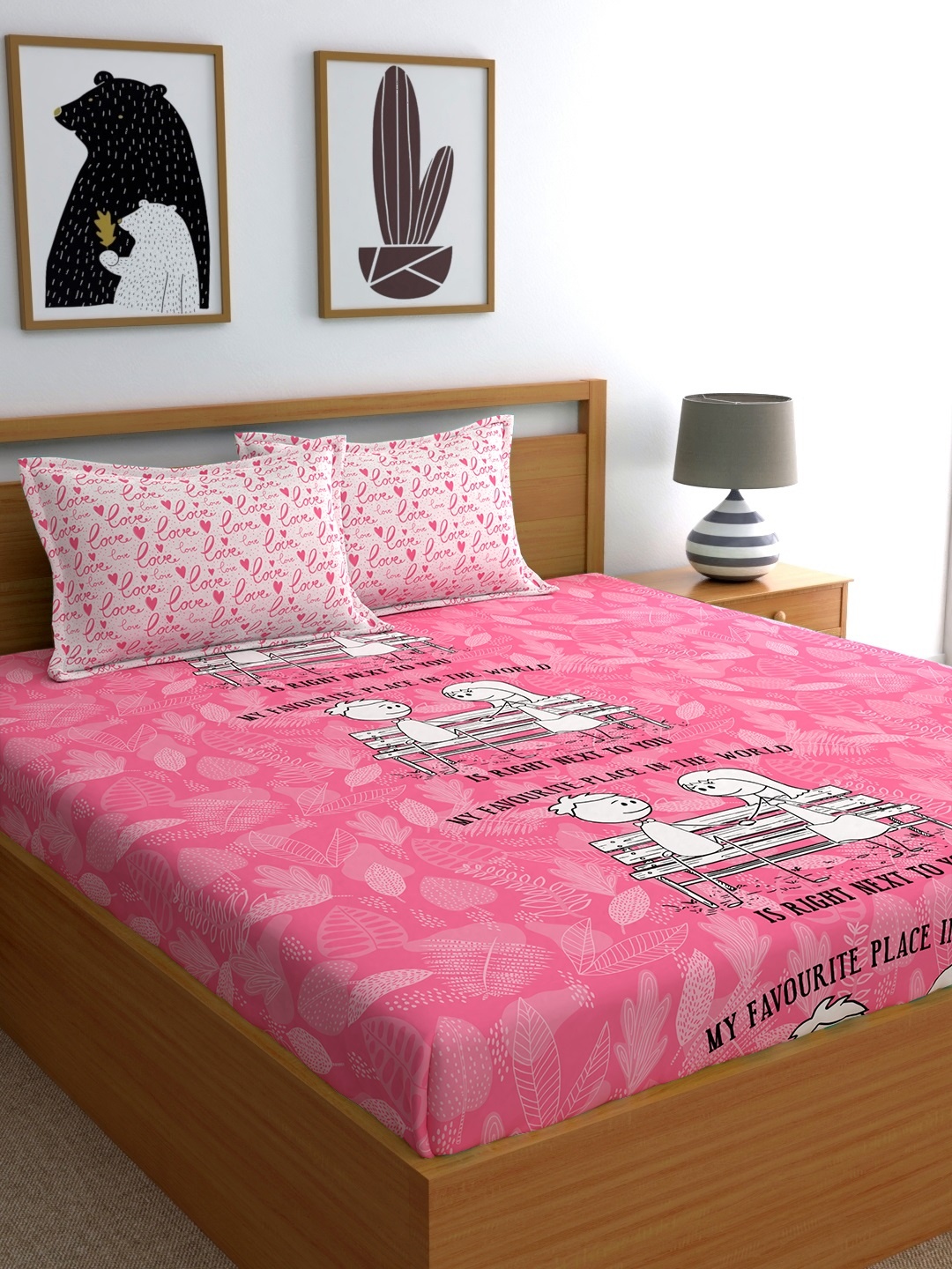 

My Room Pink & White Conversational 210 TC Double Queen Bedsheet with 2 Pillow Covers