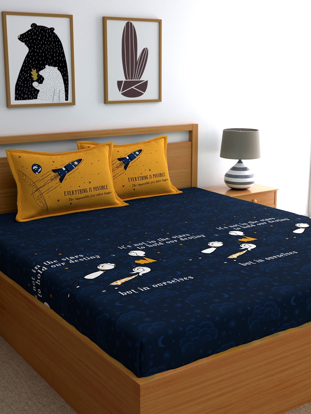 

My Room Navy Blue & Mustard Yellow 210 TC Double Queen Bedsheet with 2 Pillow Covers