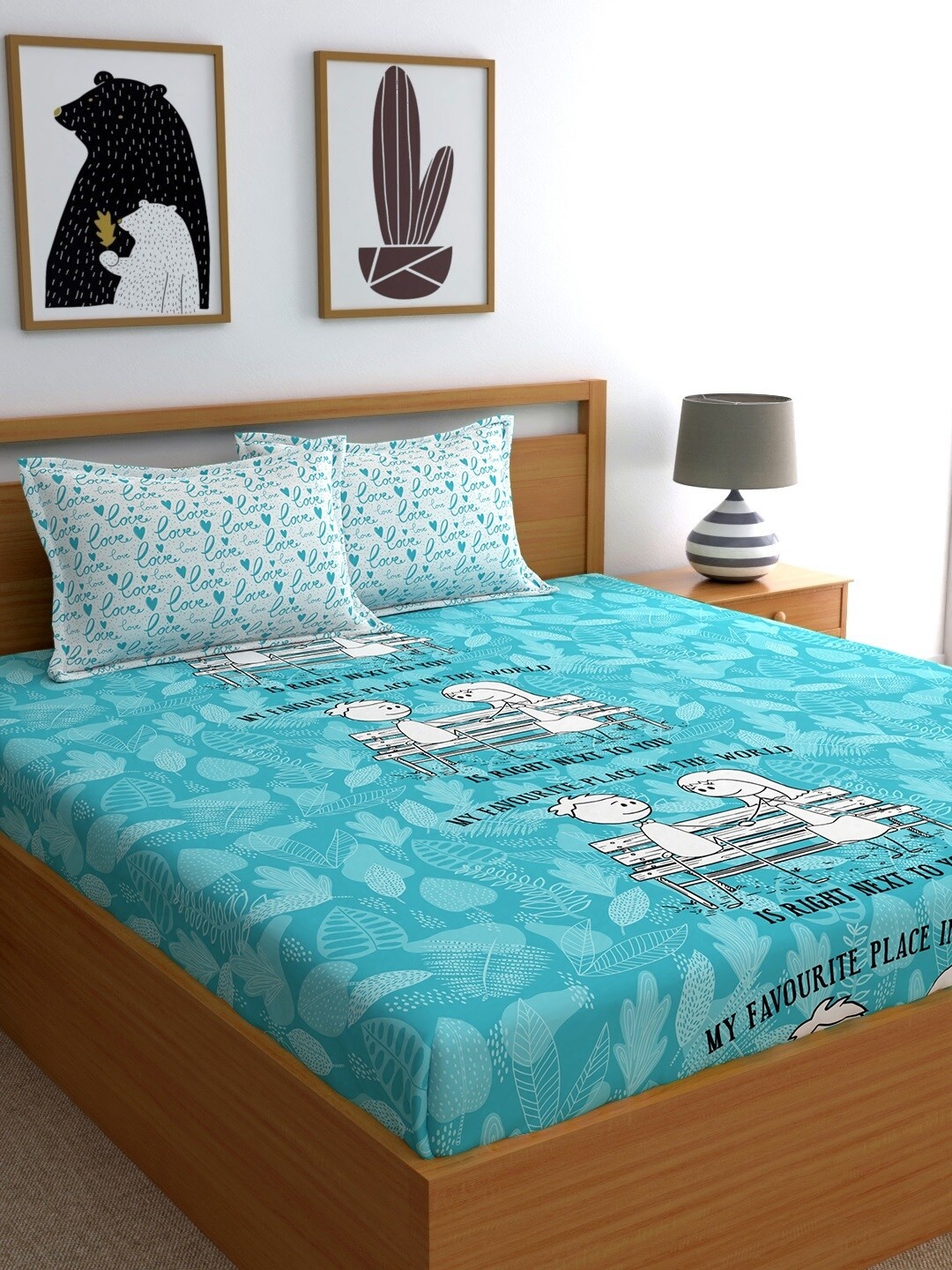 

My Room Blue Graphic 210 TC Cotton 1 Queen Bedsheet with 2 Pillow Covers