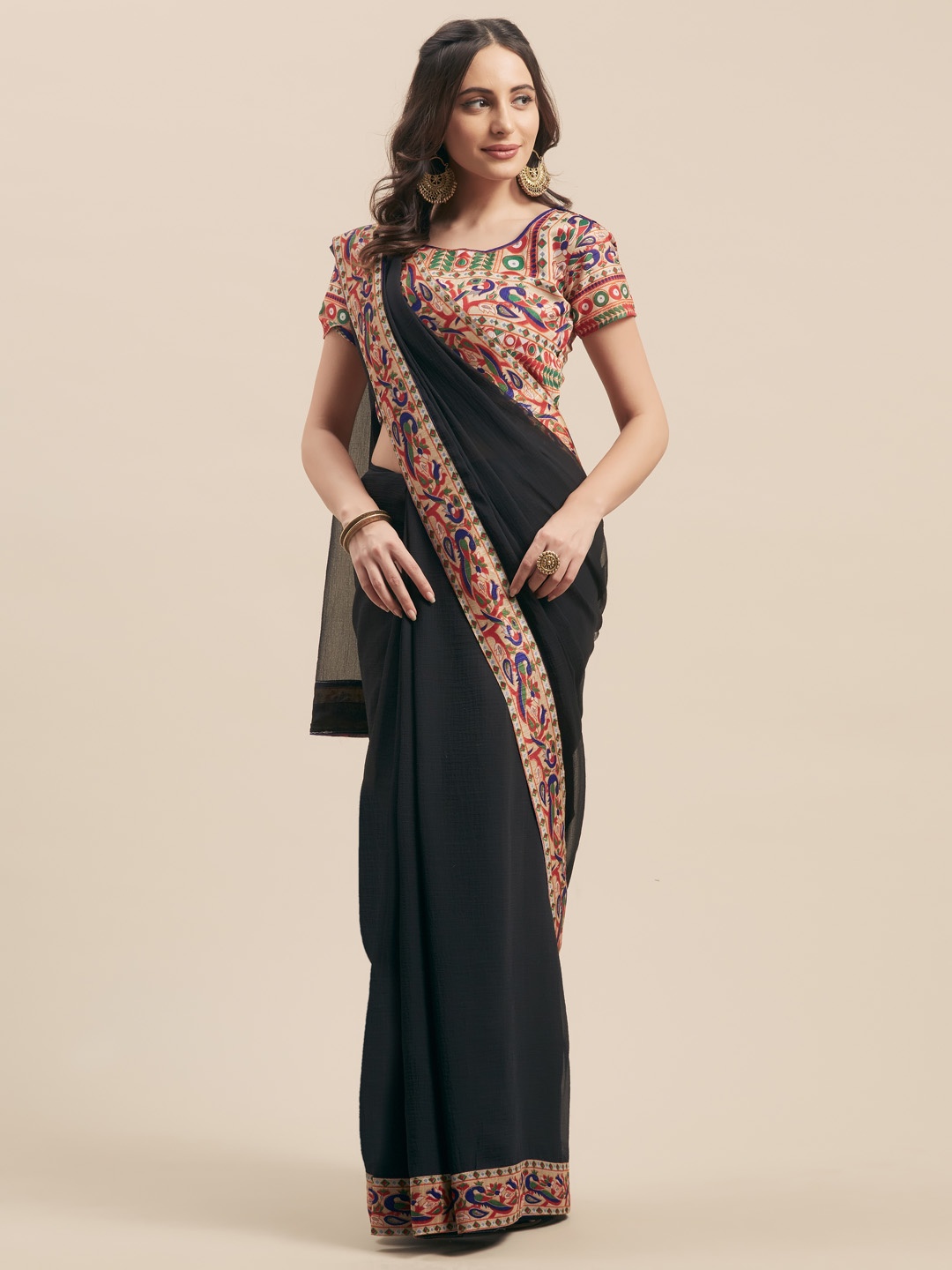 

Aasvaa Black Solid Pure Chiffon Saree