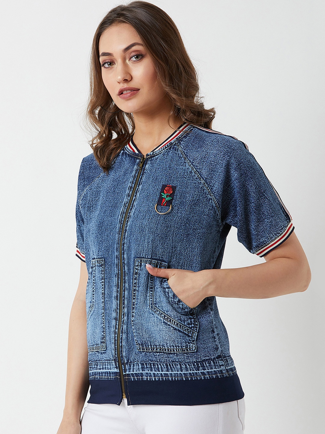 

Miss Chase Women Navy Blue Solid Denim Jacket