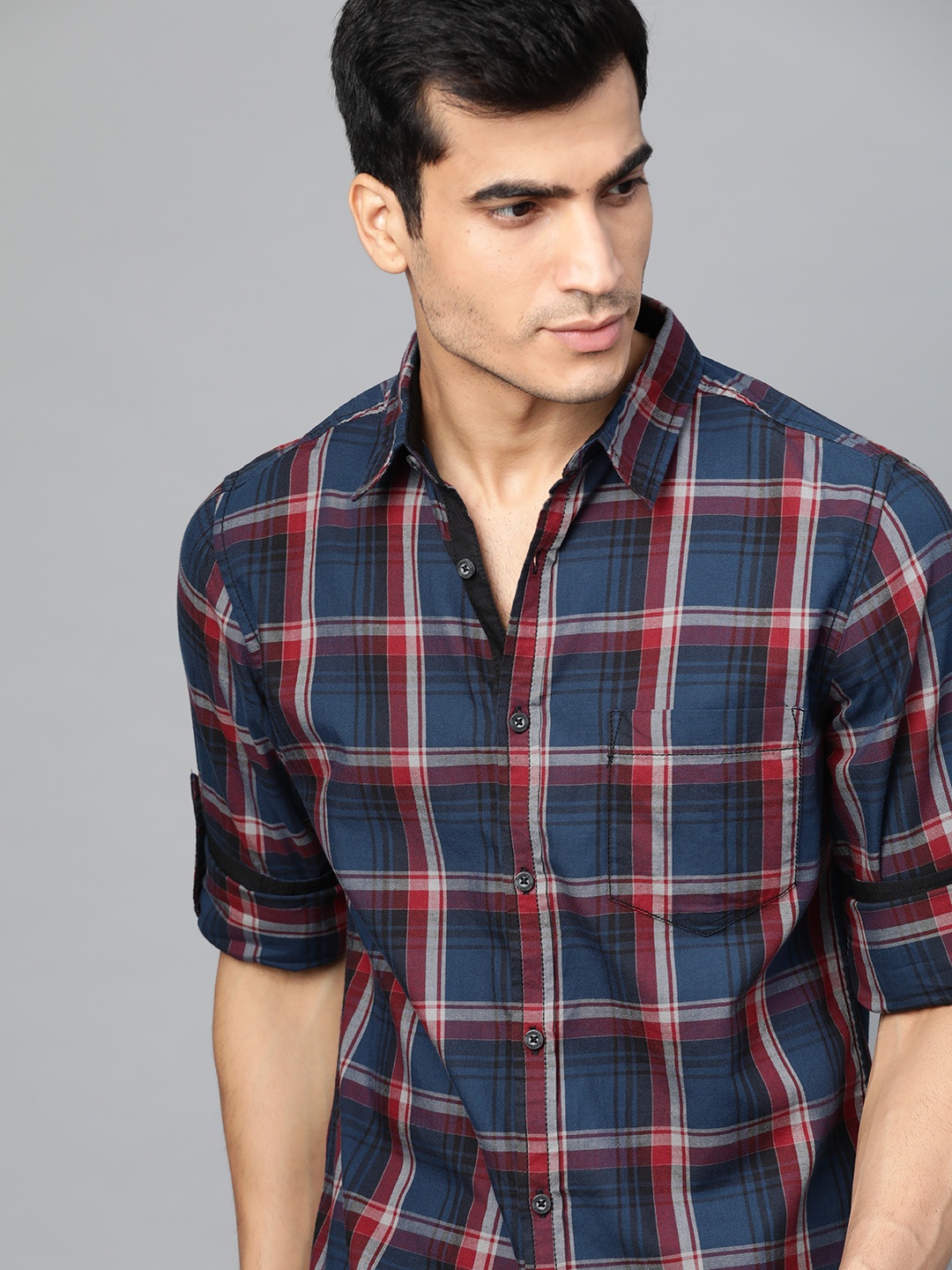 

Roadster Men Teal Blue pre& Red Regular Fit Checked Sustainable Casual Shirt