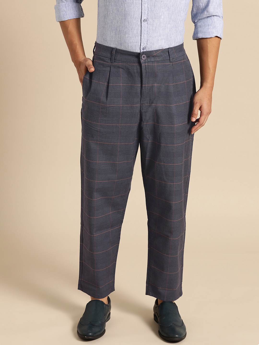 

United Colors of Benetton Men Navy Blue & Peach-Coloured Checked Regular Trousers