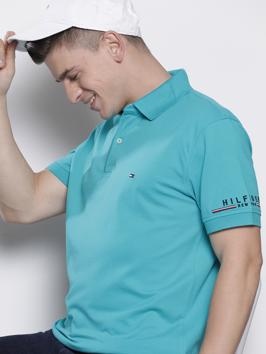

Tommy Hilfiger Men Turquoise Blue Solid Polo Collar Pure Cotton T-shirt