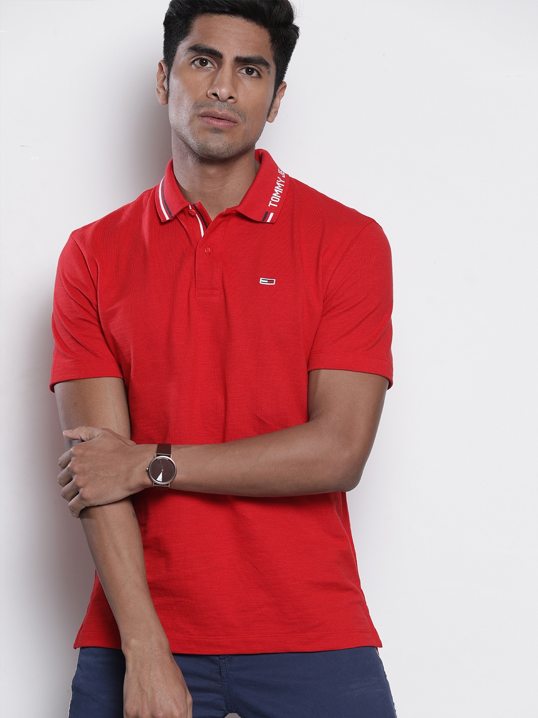 

Tommy Hilfiger Men Red Solid Polo Collar Pure Cotton T-shirt