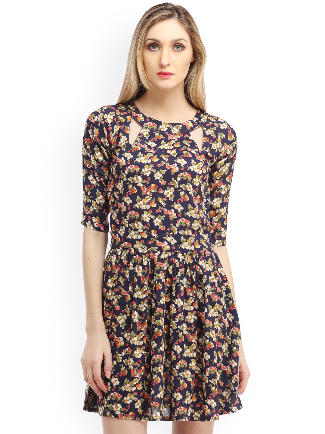 

Cation Navy Printed Fit & Flare Dress, Navy blue