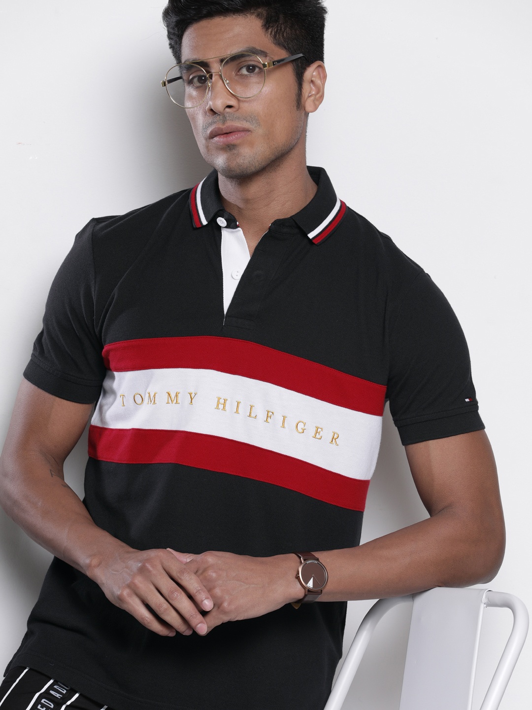 

Tommy Hilfiger Men Black White Colourblocked Polo Collar Pure Cotton T-shirt