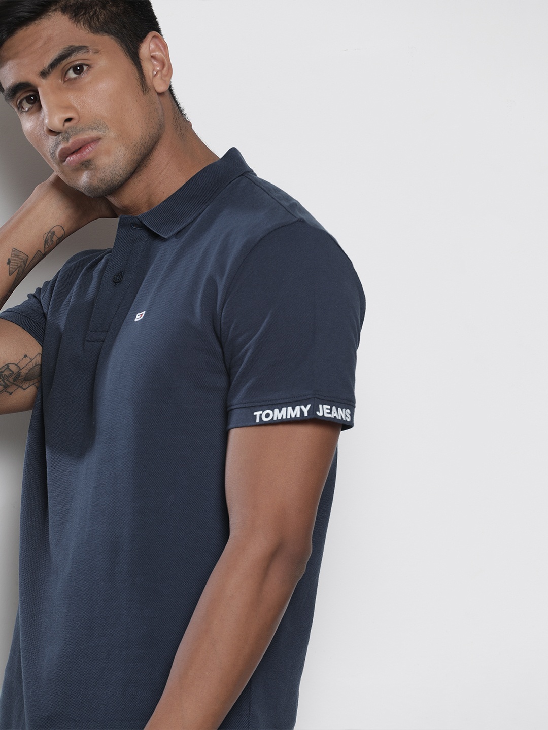 

Tommy Hilfiger Men Navy Blue Solid Polo Collar Pure Cotton T-shirt