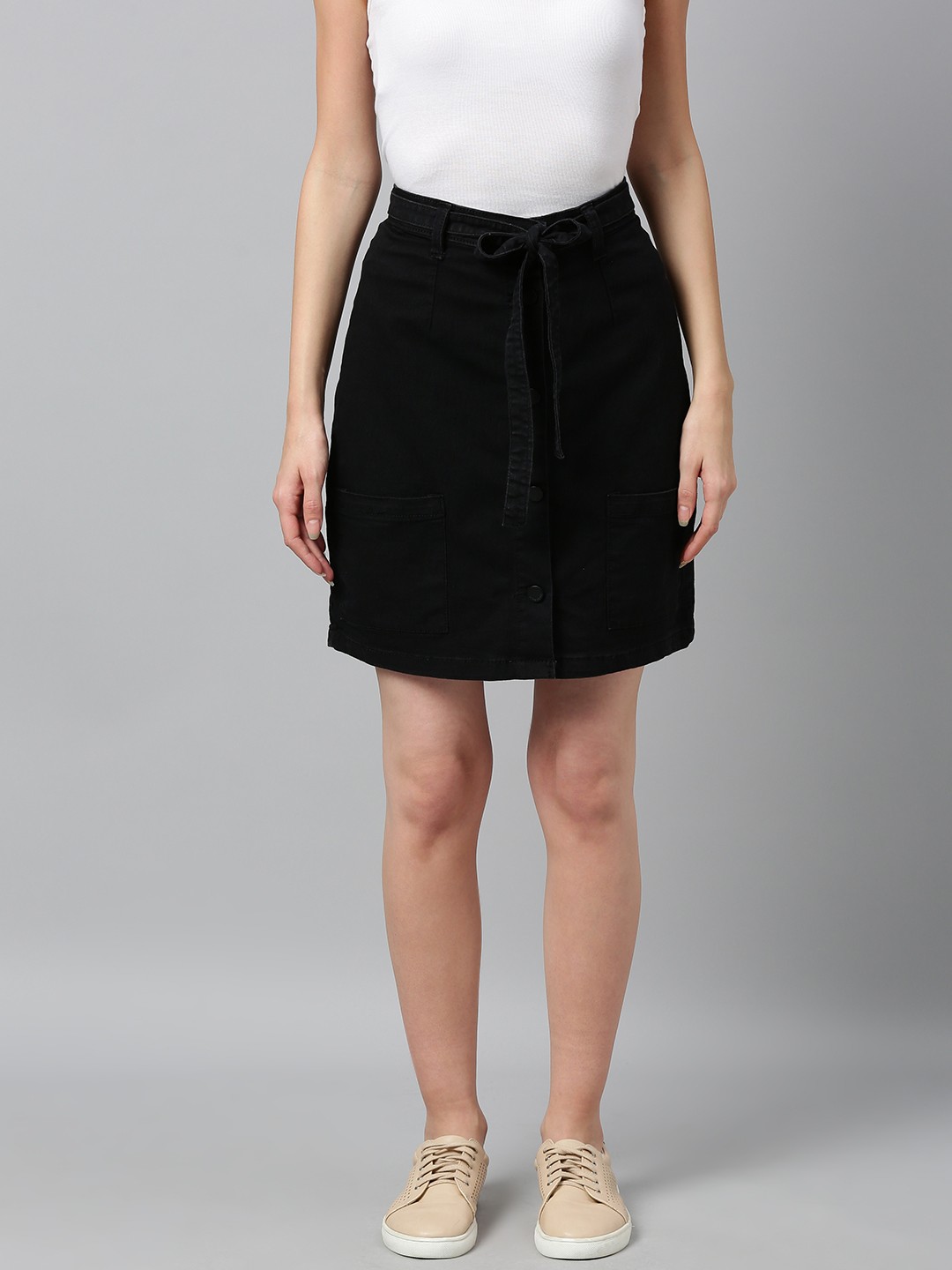 

HERE&NOW Women Black Washed Straight Denim Skirt With Front Button Detail