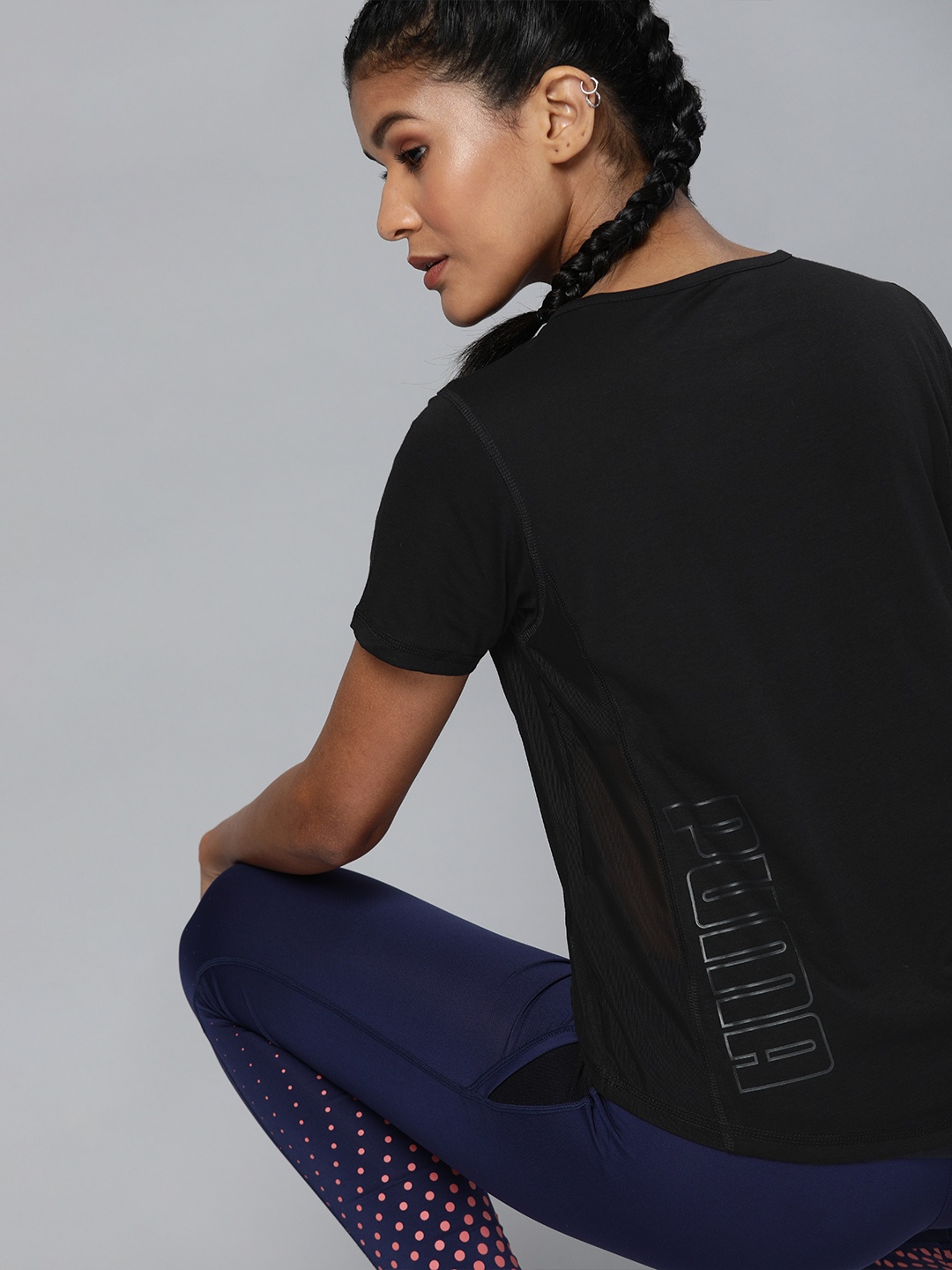 

Puma Women Black Solid Round Neck dryCELL Be Bold Mesh T-shirt With Printed Detail