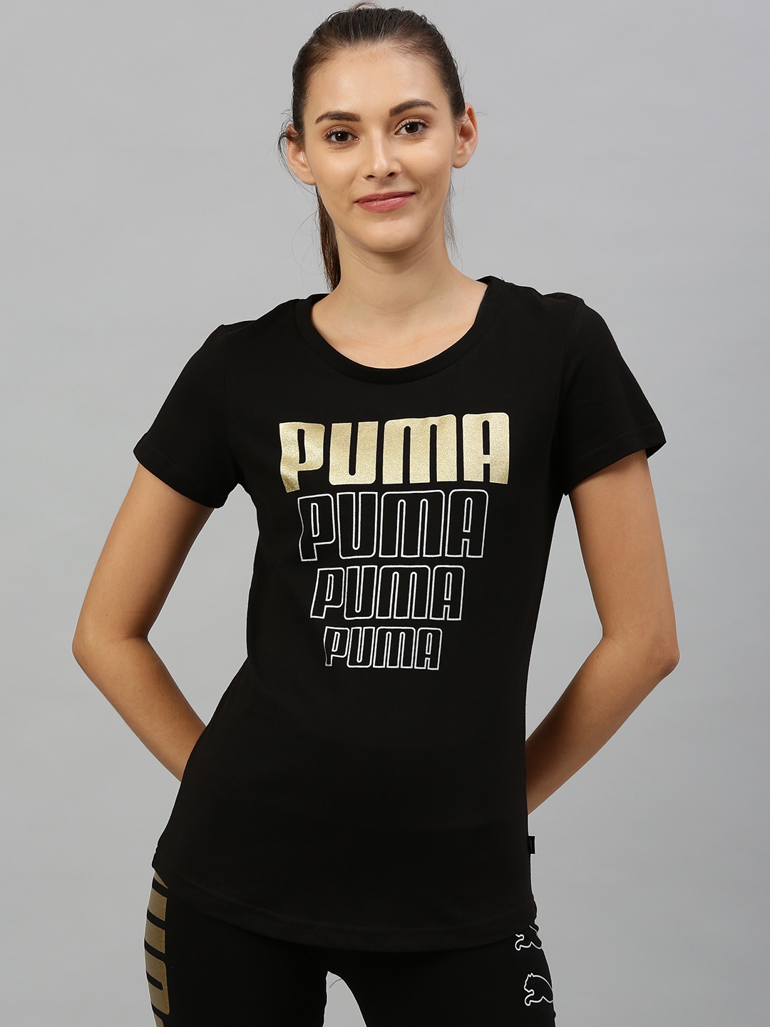 

Puma Women Black Printed Rebel Graphic Regular Fit Round Neck Pure Cotton T-shirt