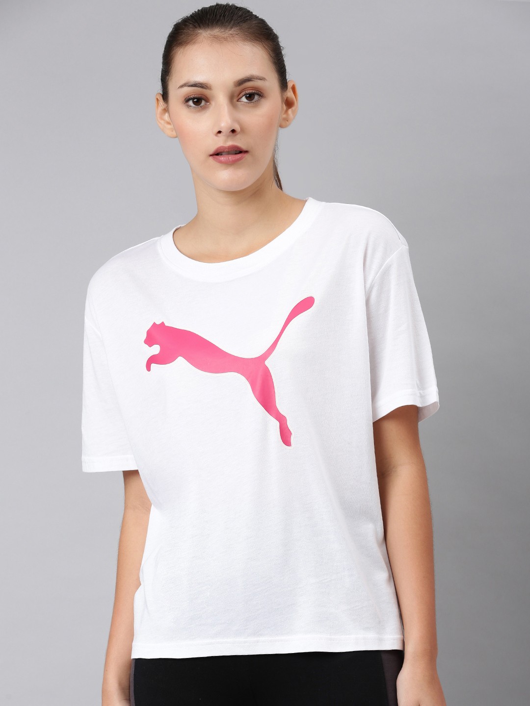 

Puma Women White & Pink Printed Round Neck Modern Sports Logo T-shirt