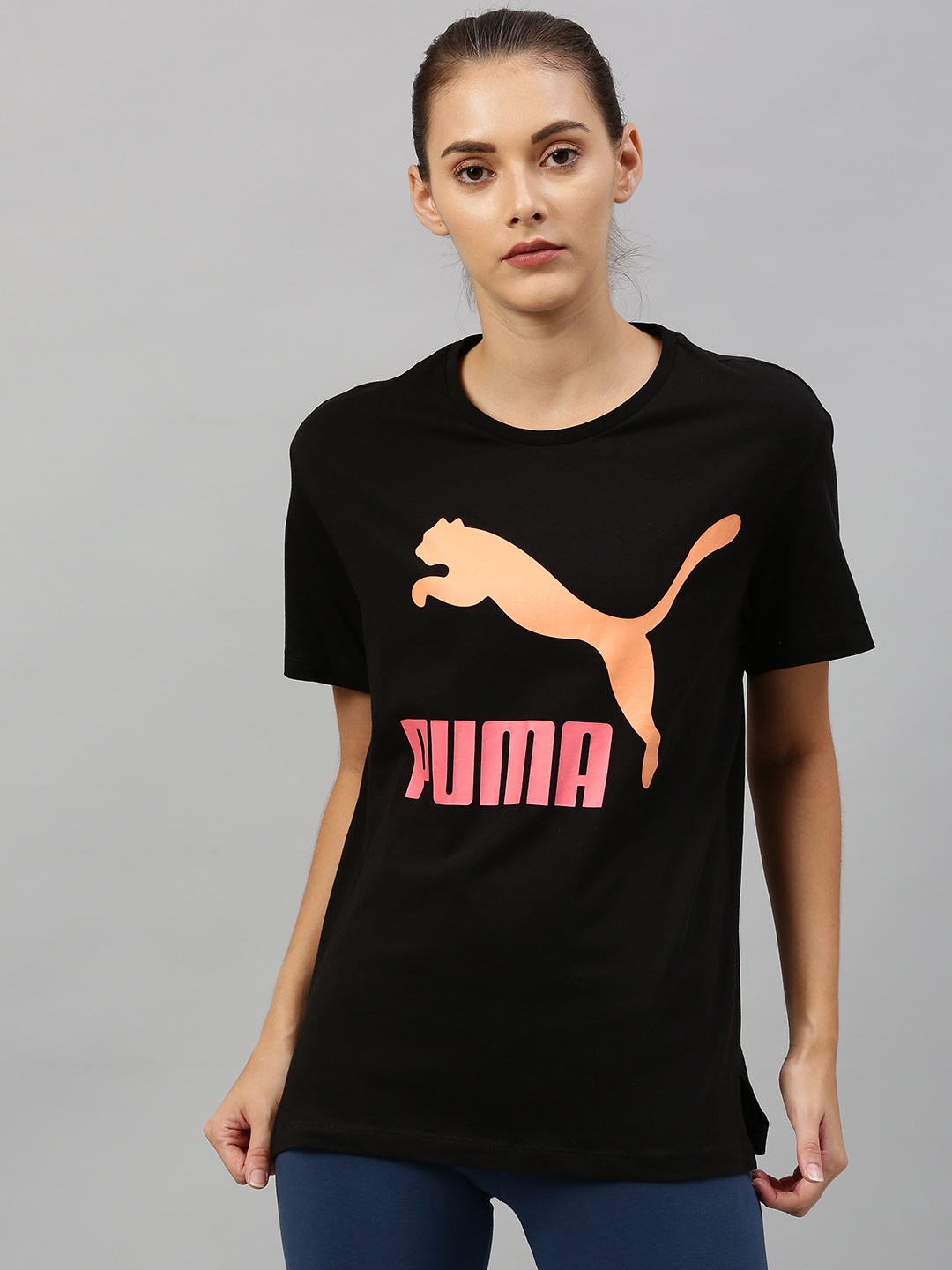 

Puma Women Black Printed Round Neck Pure Cotton T-shirt