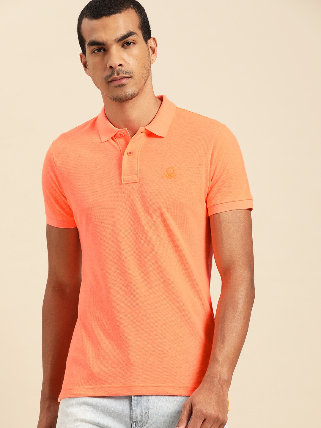 

United Colors of Benetton Men Neon Orange Solid Polo Collar T-shirt