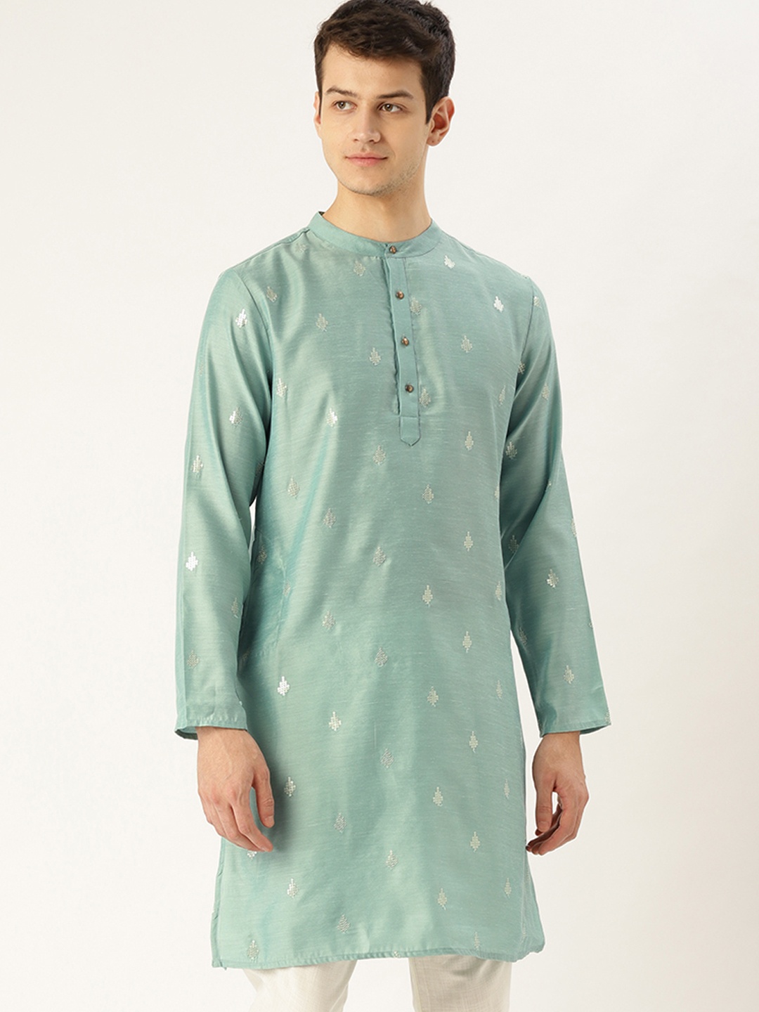 

House of Pataudi Men Sea Green & Golden Embellished Straight Kurta