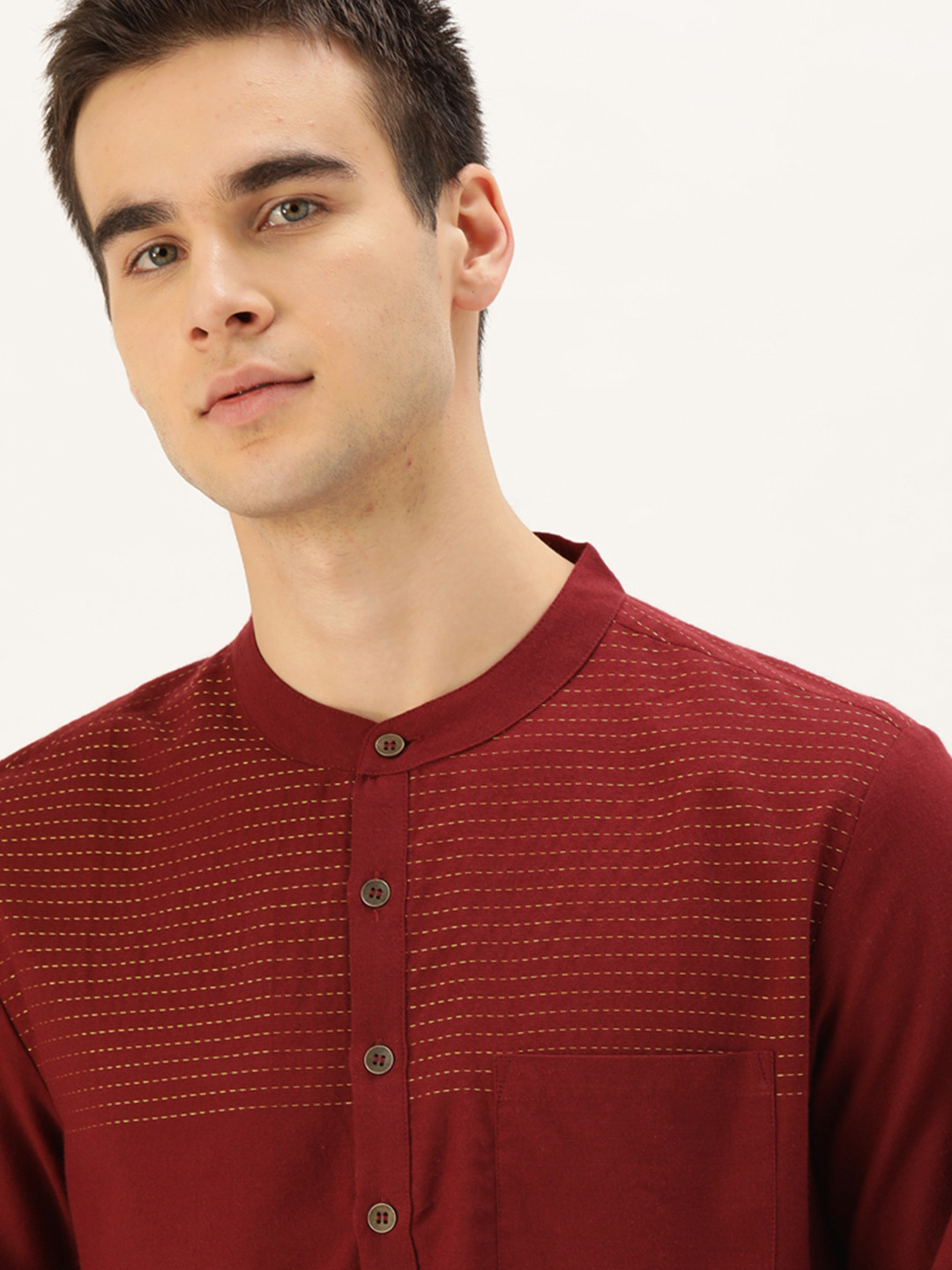 

House of Pataudi Men Maroon Striped Straight Kurta
