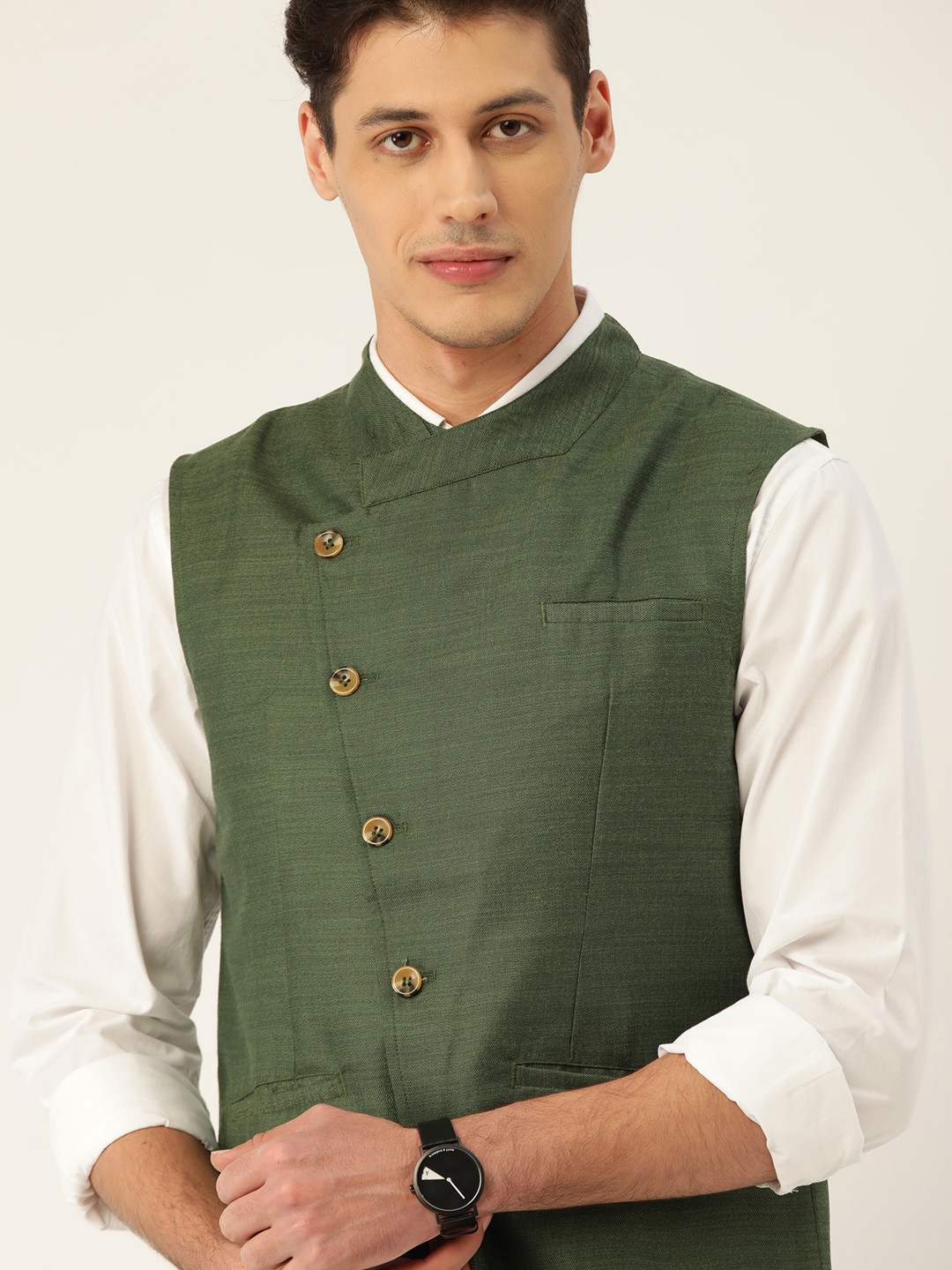 

House of Pataudi Men Olive Green Self-Striped Nehru Jacket