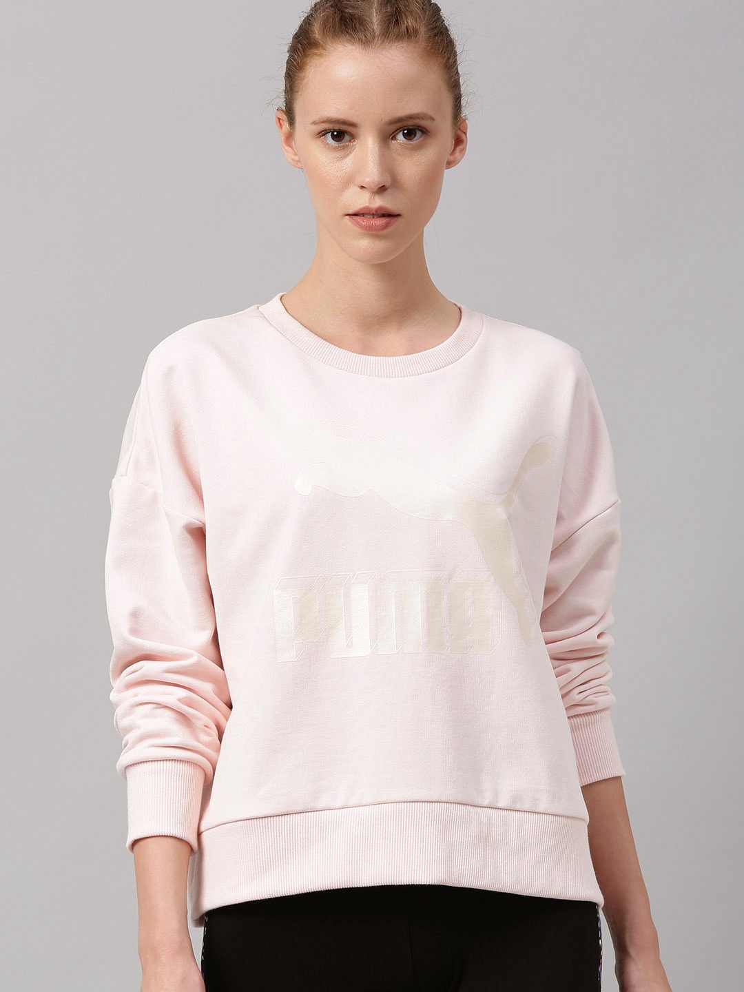 

Puma Women Pink Printed Classics Logo Metallic Crew Sweatshirt