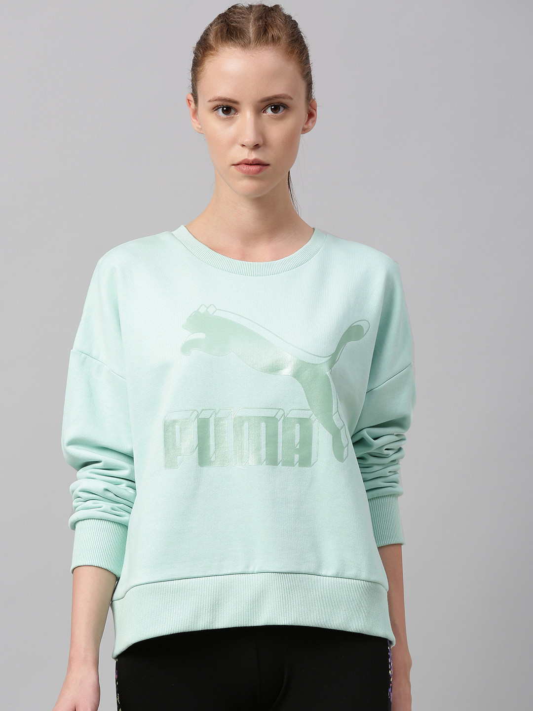 

Puma Women Green Printed Hooded Classics Logo Metallic Crew Sweatshirt