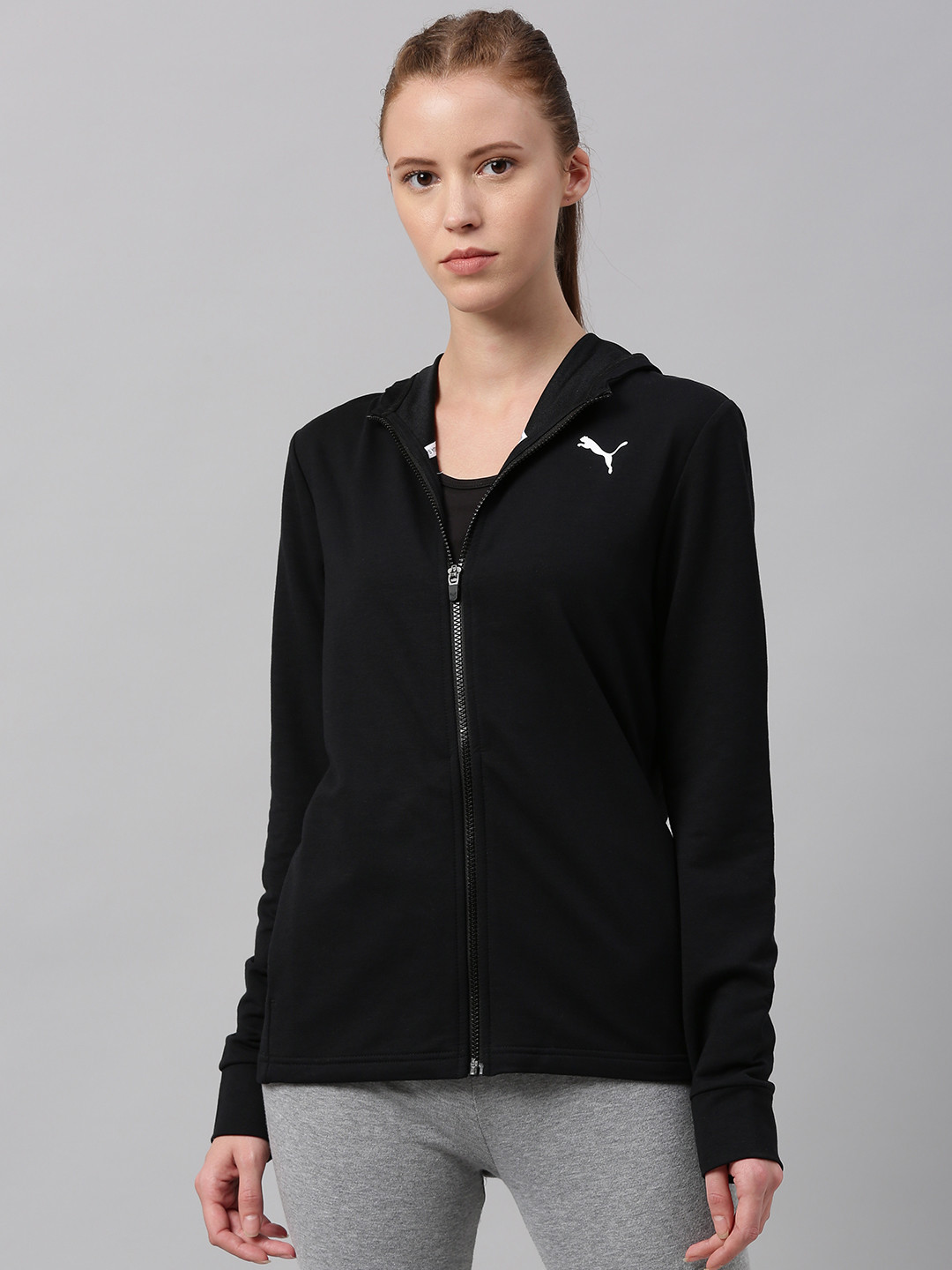 

Puma Women Black Back Printed Modern Sports FZ Hooded Sweatshirt