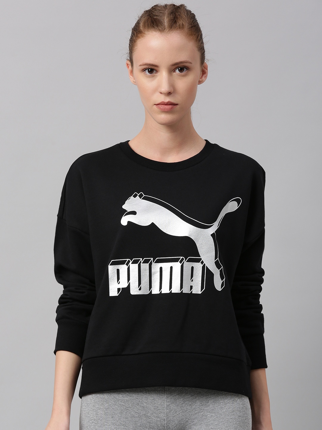 

Puma Women Black Printed Classics Logo Metallic Crew Sweatshirt