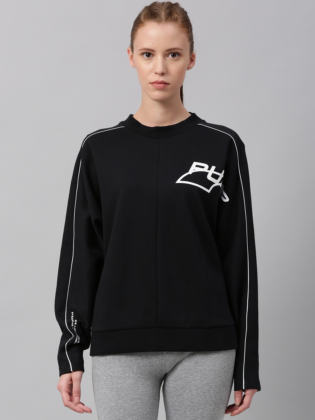 

Puma Women Black Solid Evide Crew Sweatshirt with Printed Detail