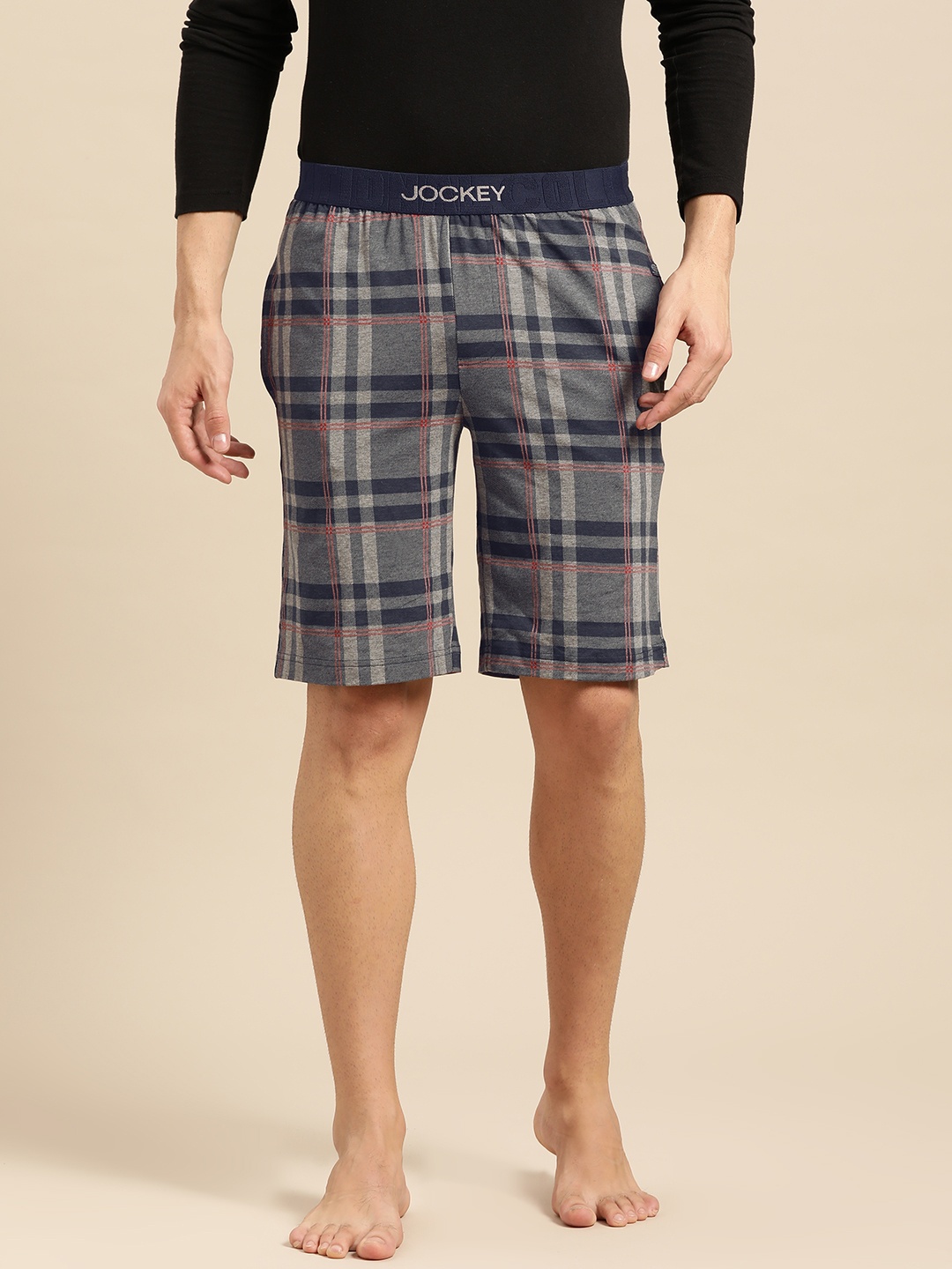 

Jockey Men Grey & Navy Blue Checked Regular Fit Lounge Shorts