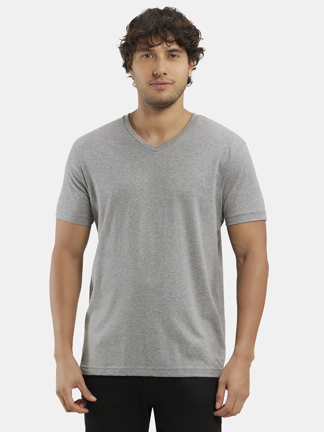 

Jockey Super Combed Cotton Rich Solid V Neck Half Sleeve Tshirt-2726, Grey melange