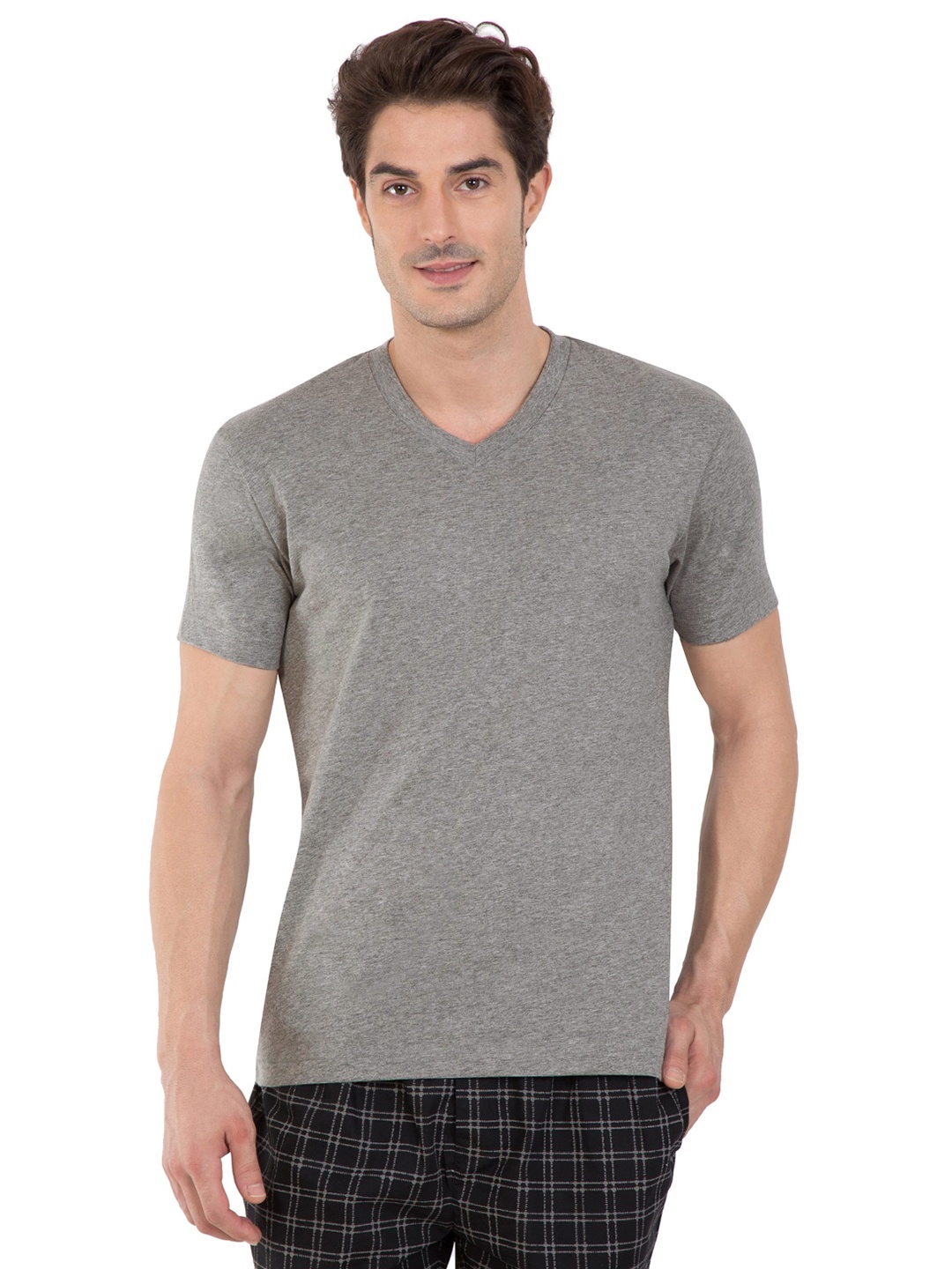 

Jockey Men Grey Melange Solid V-Neck T-shirt
