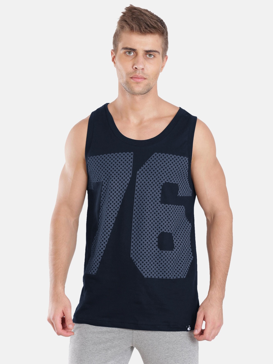 

Jockey Men Navy Blue & Grey Printed Gym Vest 9928-0105