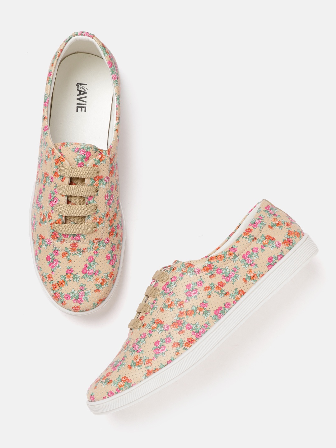 

Lavie Women Beige & Pink Perforated & Floral Printed Sneakers