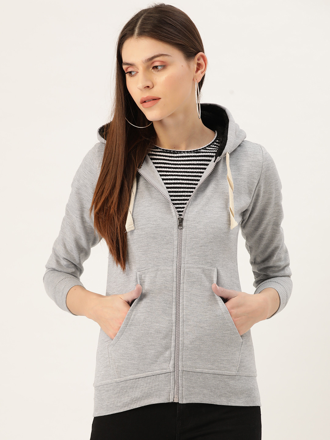 

Darzi Women Grey Melange Solid Hooded Sweatshirt