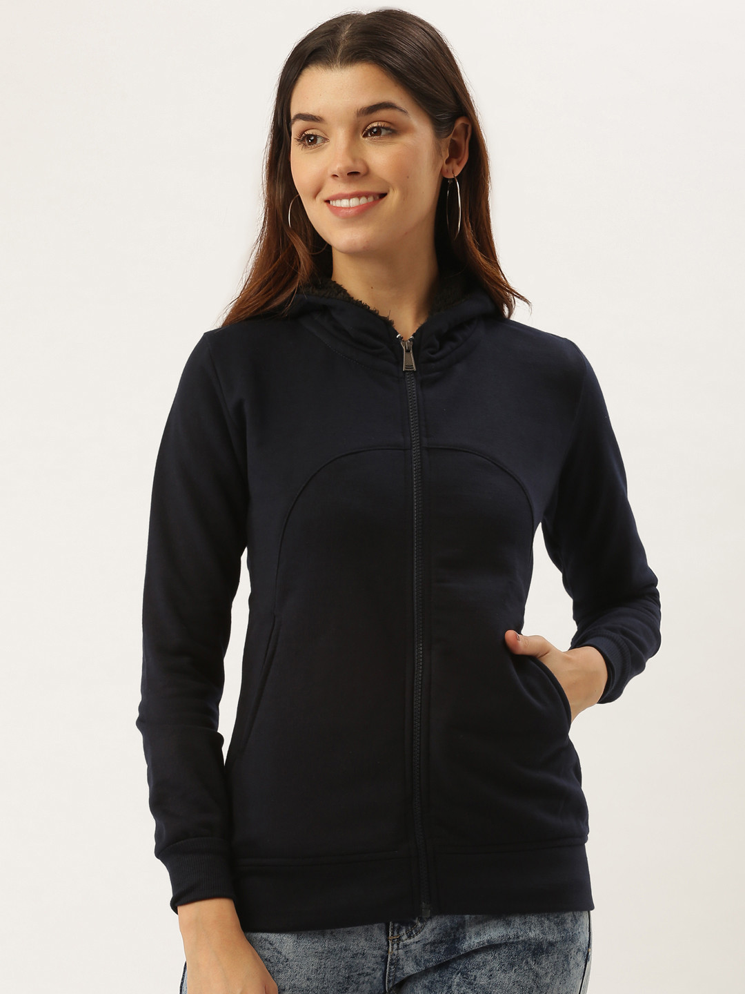 

Darzi Women Navy Blue Solid Hooded Sweatshirt