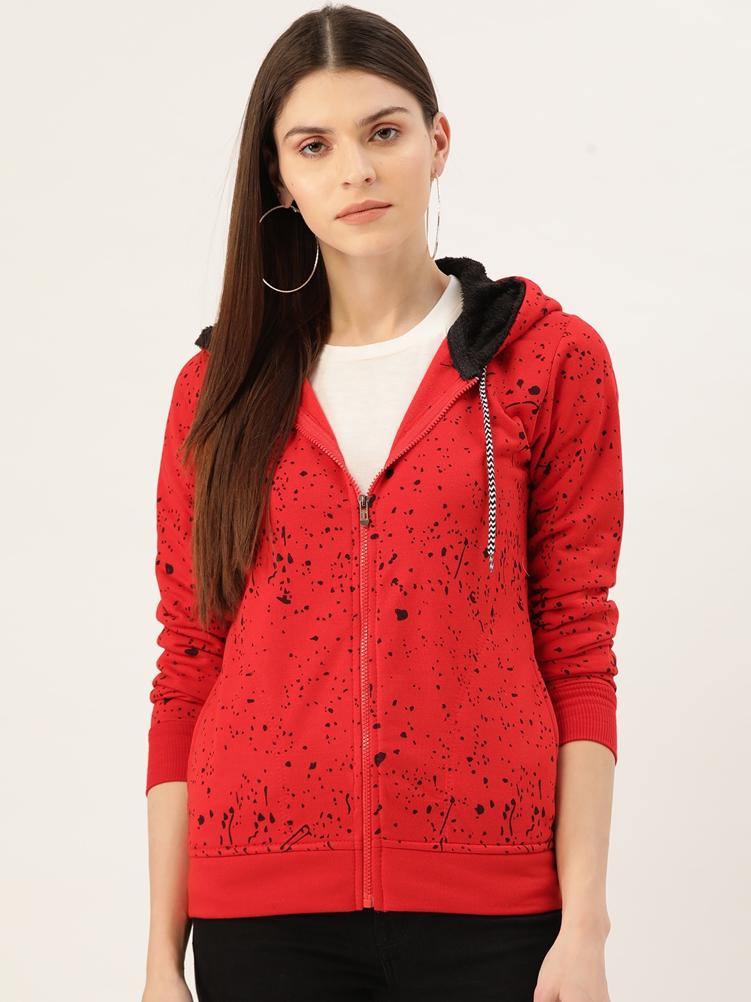 

Darzi Women Red & Black Printed Hooded Sweatshirt