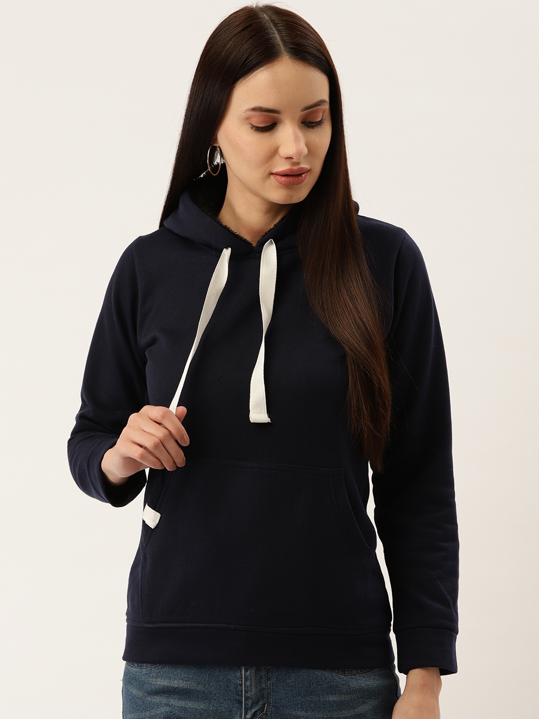

Darzi Women Navy Blue Solid Hooded Sweatshirt