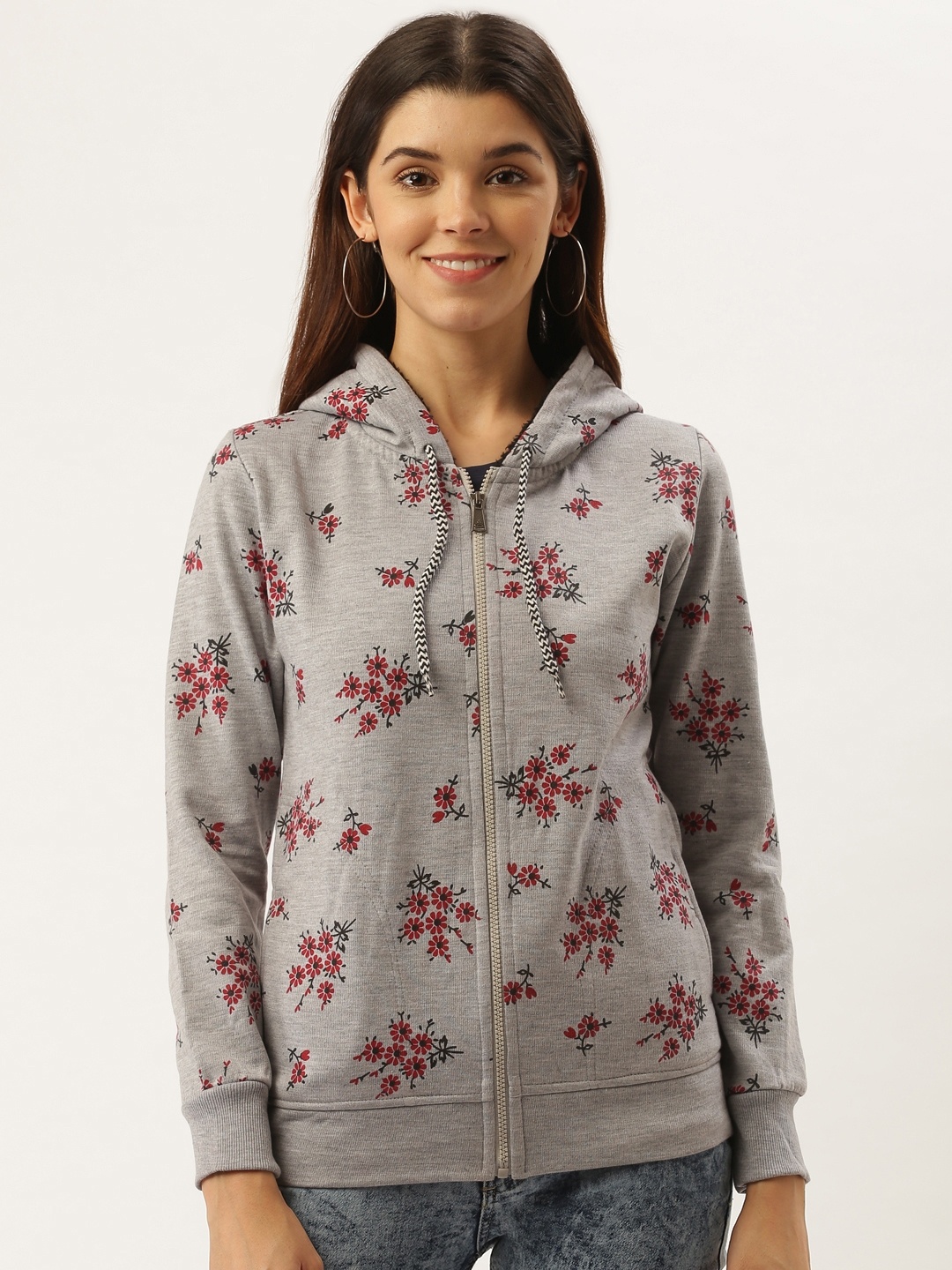 

Darzi Women Grey Melange & Maroon Printed Hooded Sweatshirt