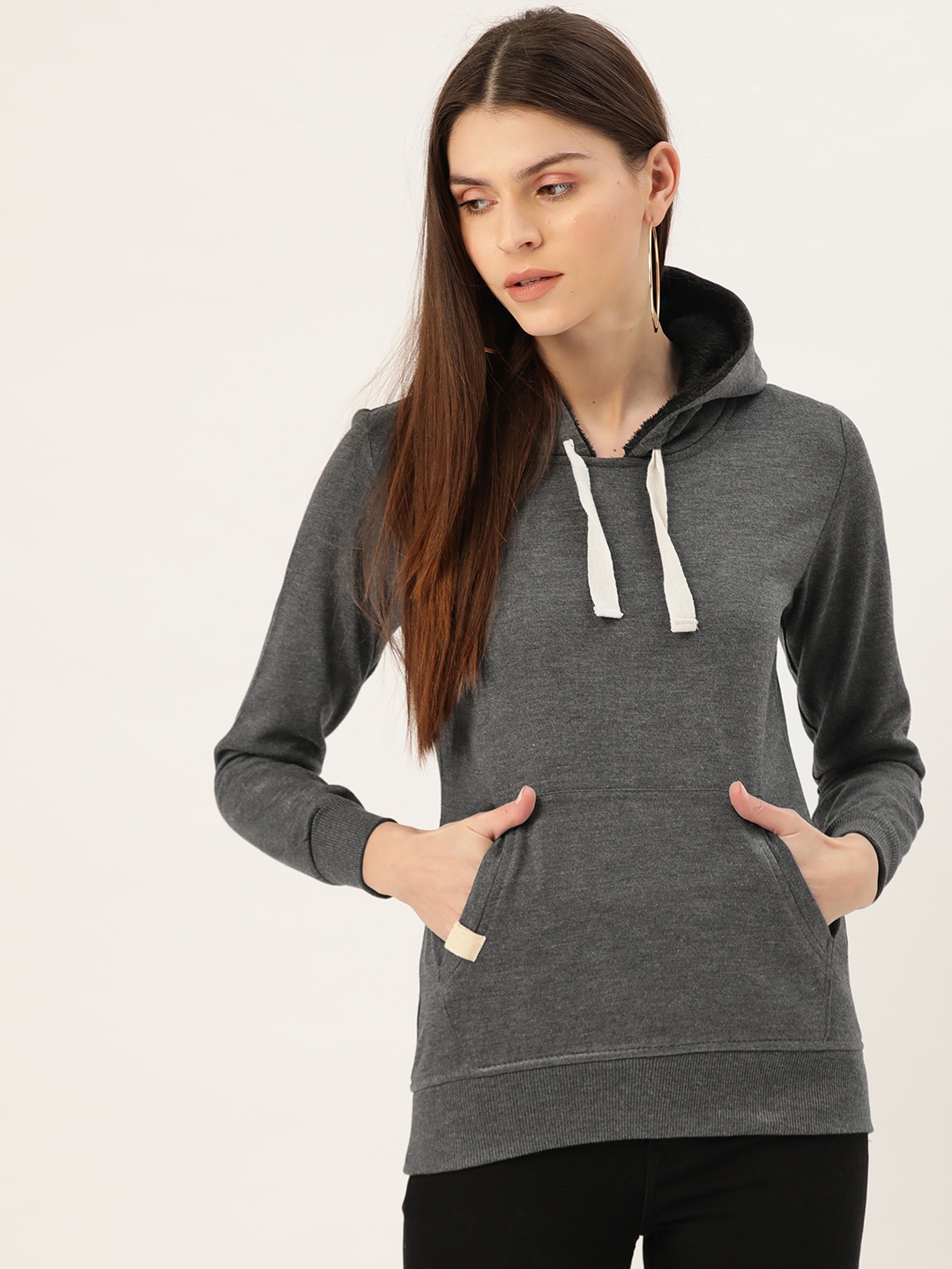 

Darzi Women Charcoal Grey Solid Hooded Sweatshirt