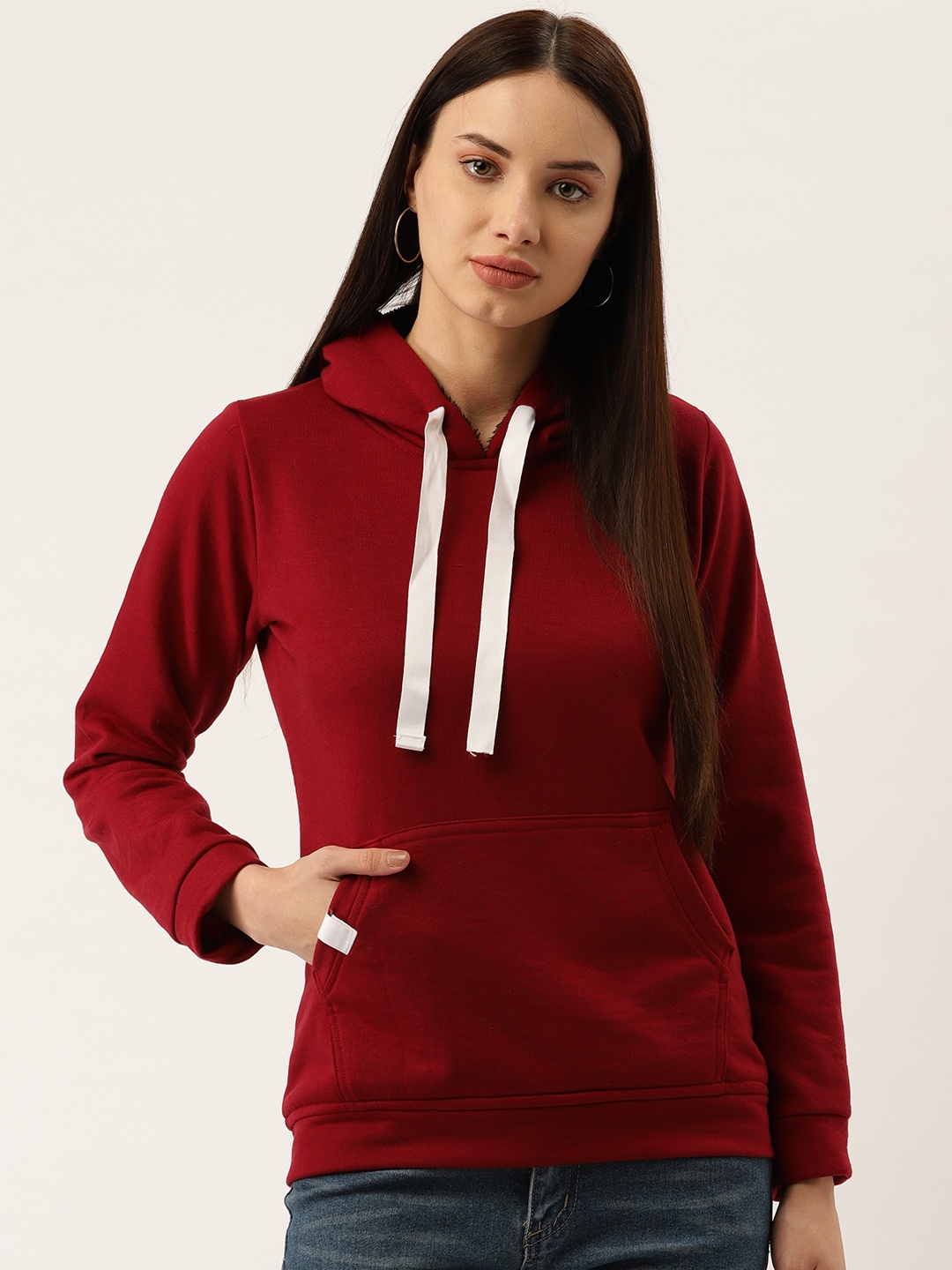 

Darzi Women Maroon Solid Hooded Sweatshirt