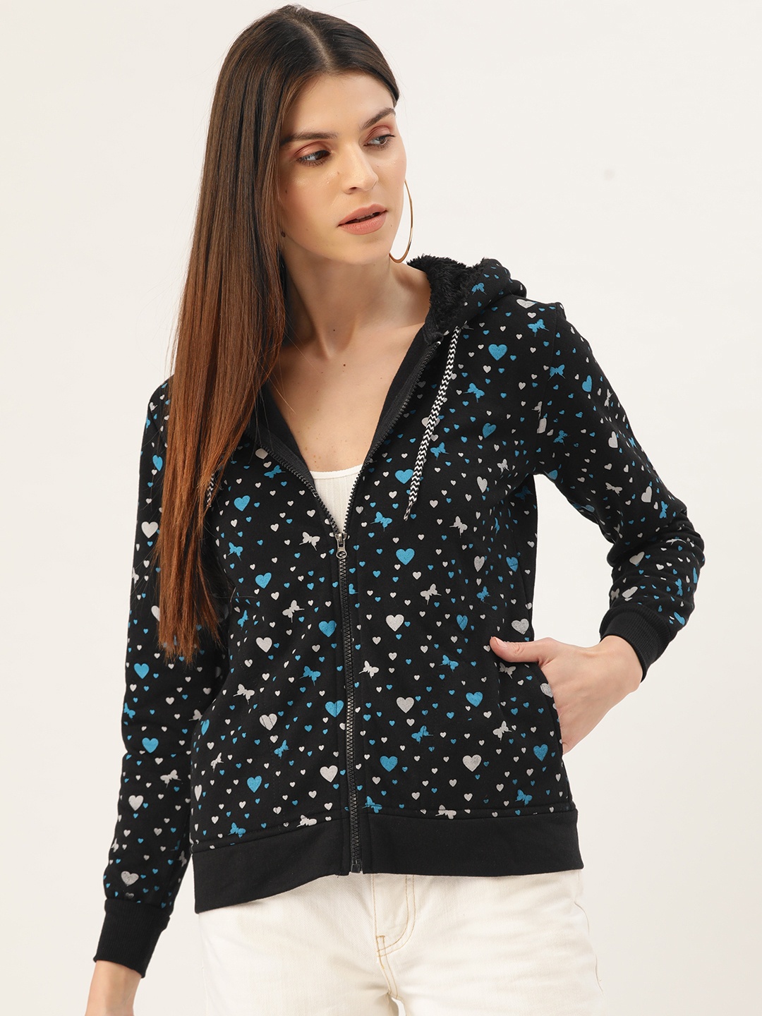 

Darzi Women Black & Blue Printed Hooded Sweatshirt