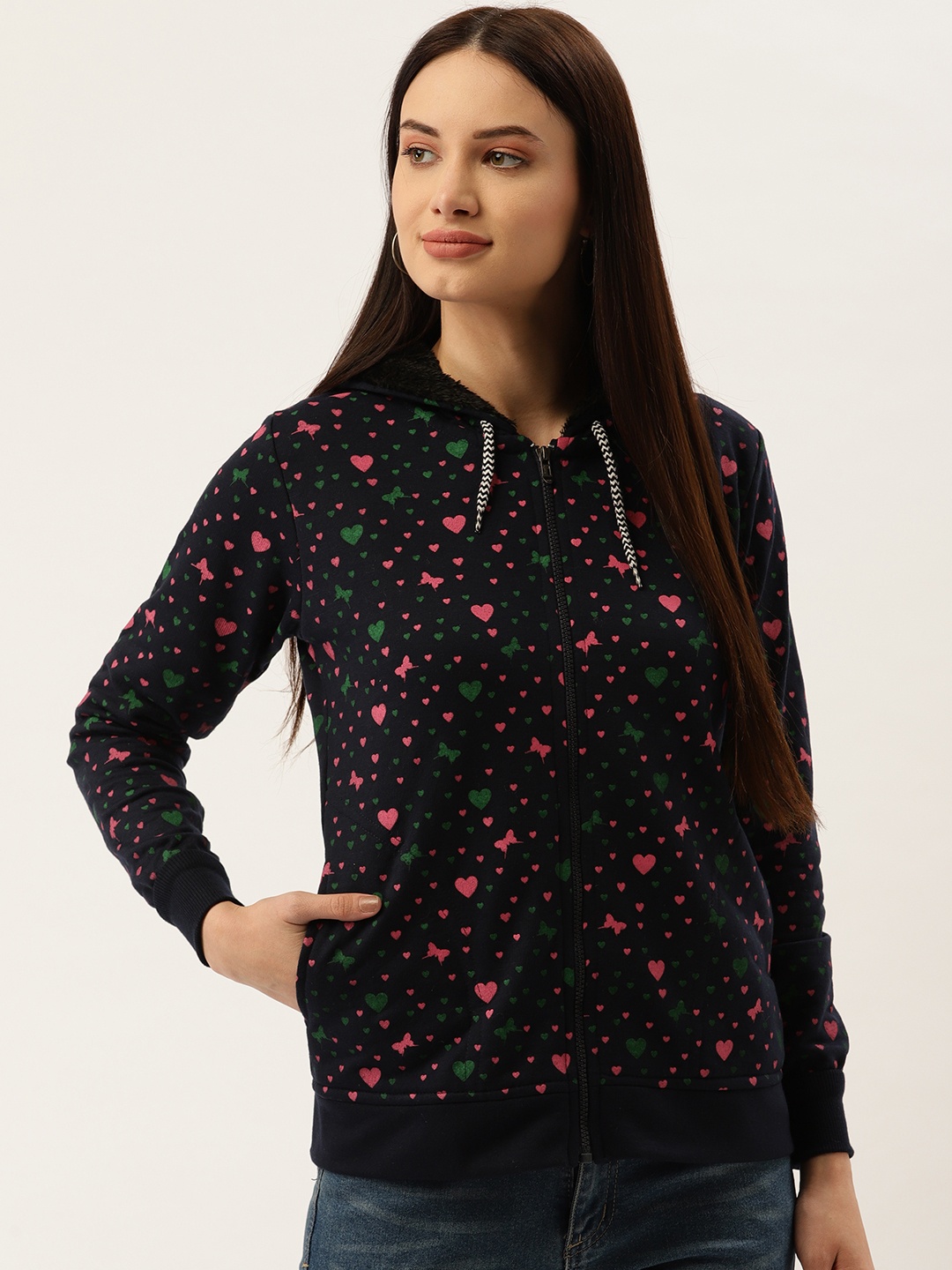 

Darzi Women Navy Blue & Pink Printed Hooded Sweatshirt