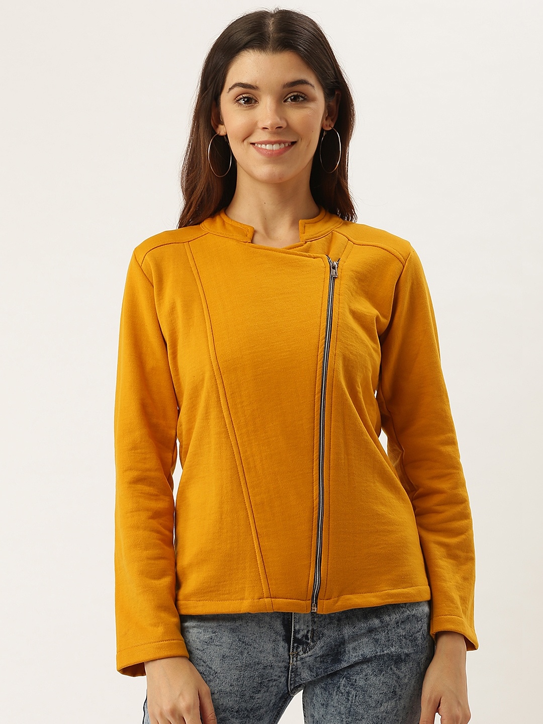 

Darzi Women Mustard Yellow Solid Asymmetric Closure Tailored Jacket