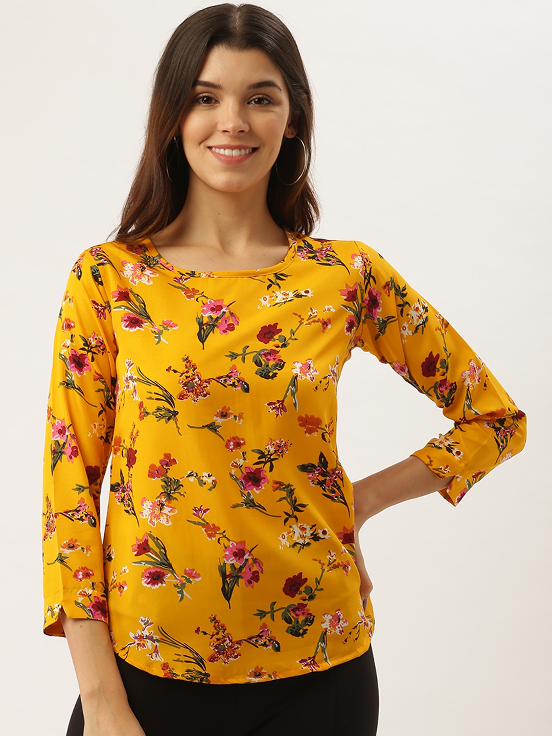 

Darzi Women Mustard Yellow & Pink Printed Top